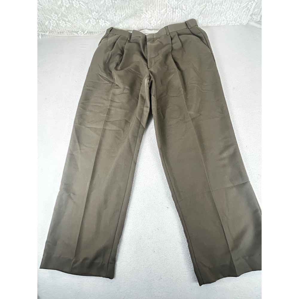 Geoffrey Beene Mens Pleated Dress Pants 38x27 Olive Taupe Brown Comfort Waist